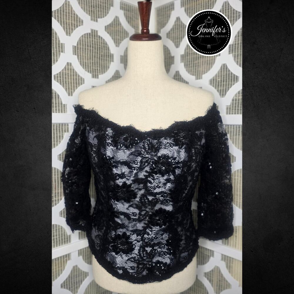 Jovani Vintage Black Lace Sequin Beaded Over Solid Gray Lined Corset Top Size 8